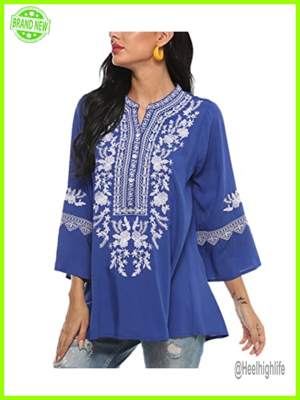 Mexican Embroidered Peasant Top 3/4 Sleeve Boho Floral Tunic Blouse